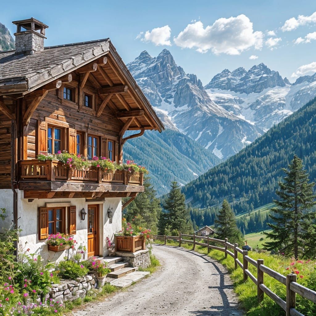 Scenic Swiss Chalet in Summer Landscape