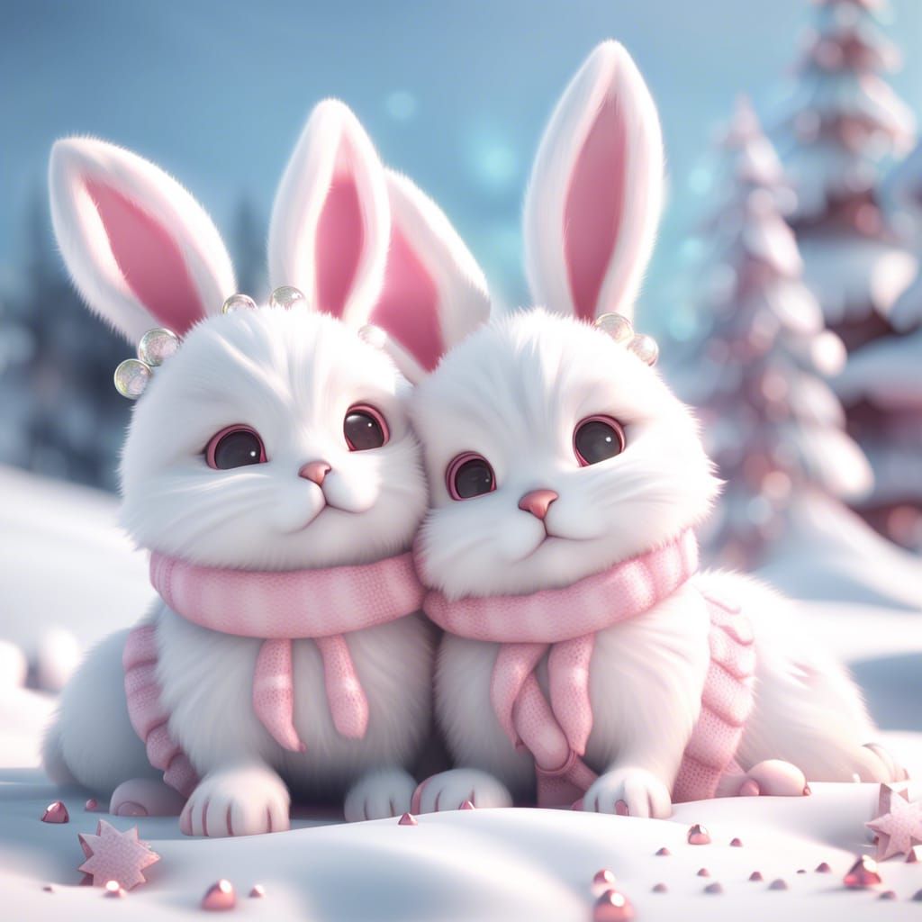white pink  lace fluffy bunny kittens laying on the snow christmas hat 3D Game Cinematic Feel, Epic 3D Videogame Graphic...