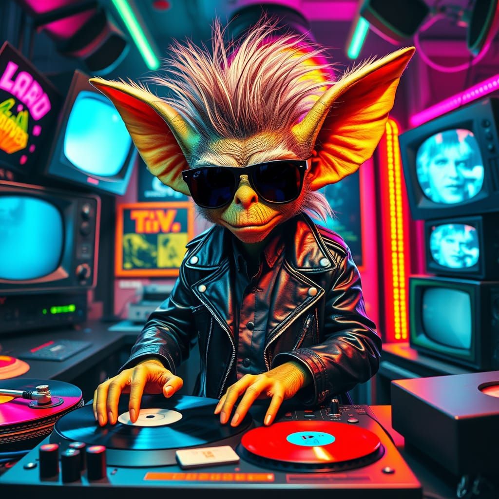 Neon Punk Gremlin DJ Spins Vinyl in 80s MTV Studio