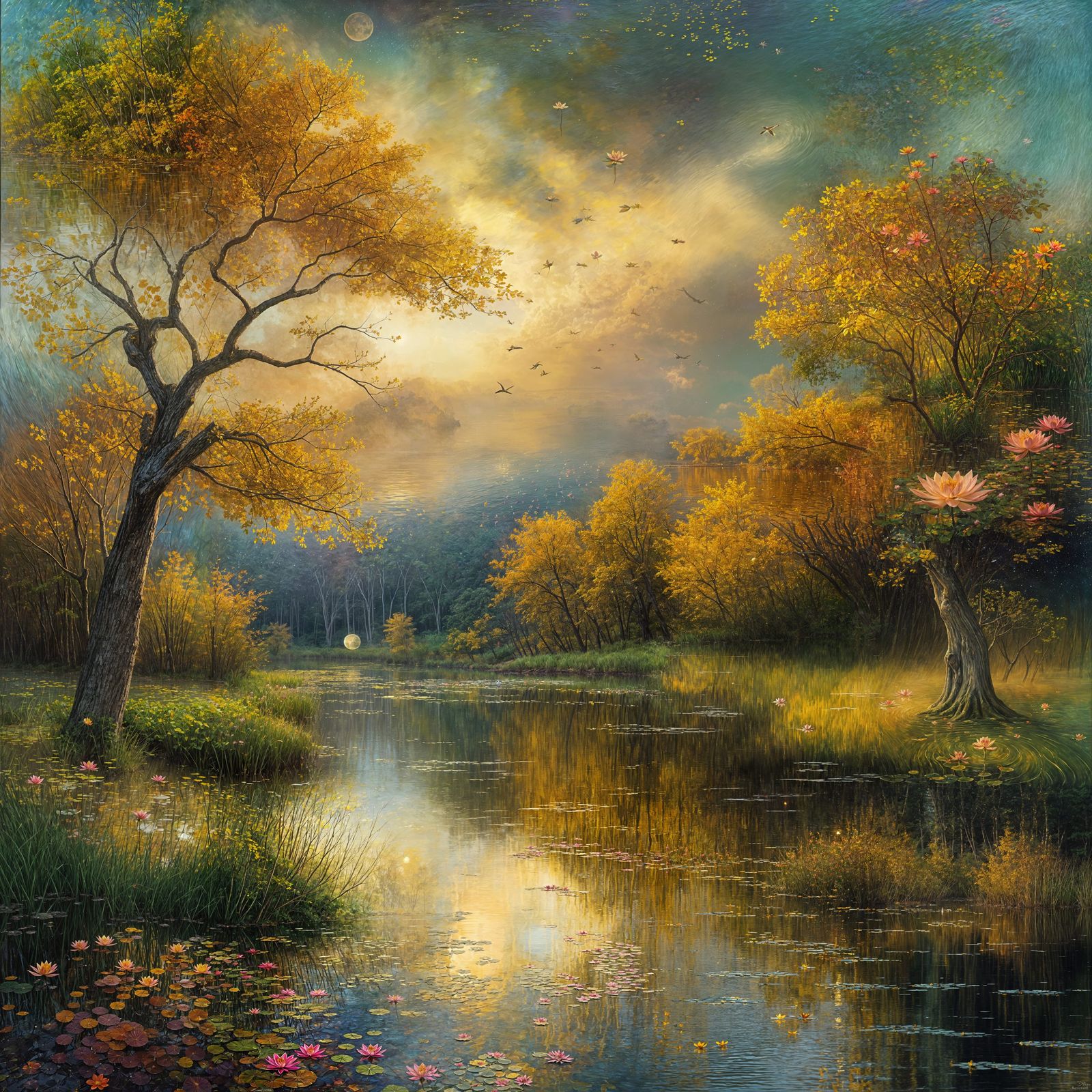 Glowing Lotus Pond in Romantic Golden Light