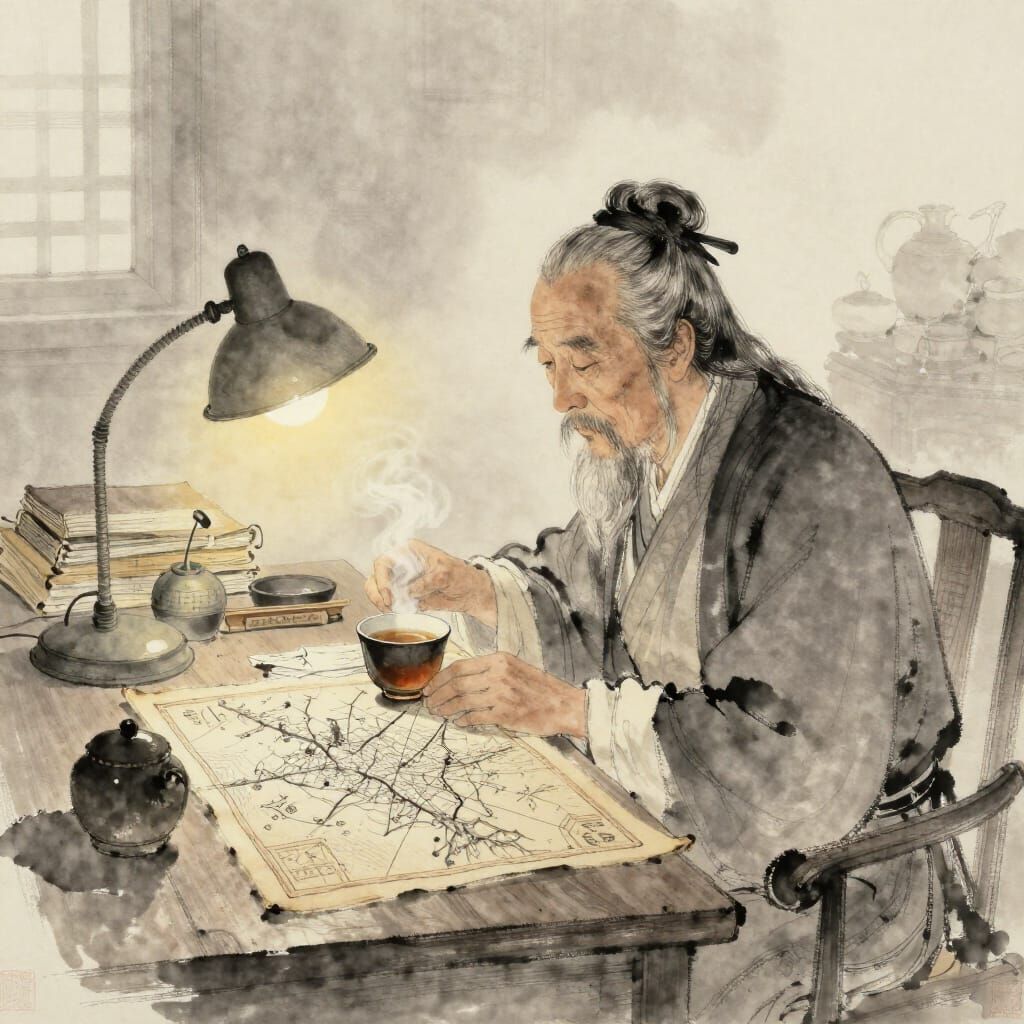 Scholar Discovers History Over Tea in Ink Wash Painting