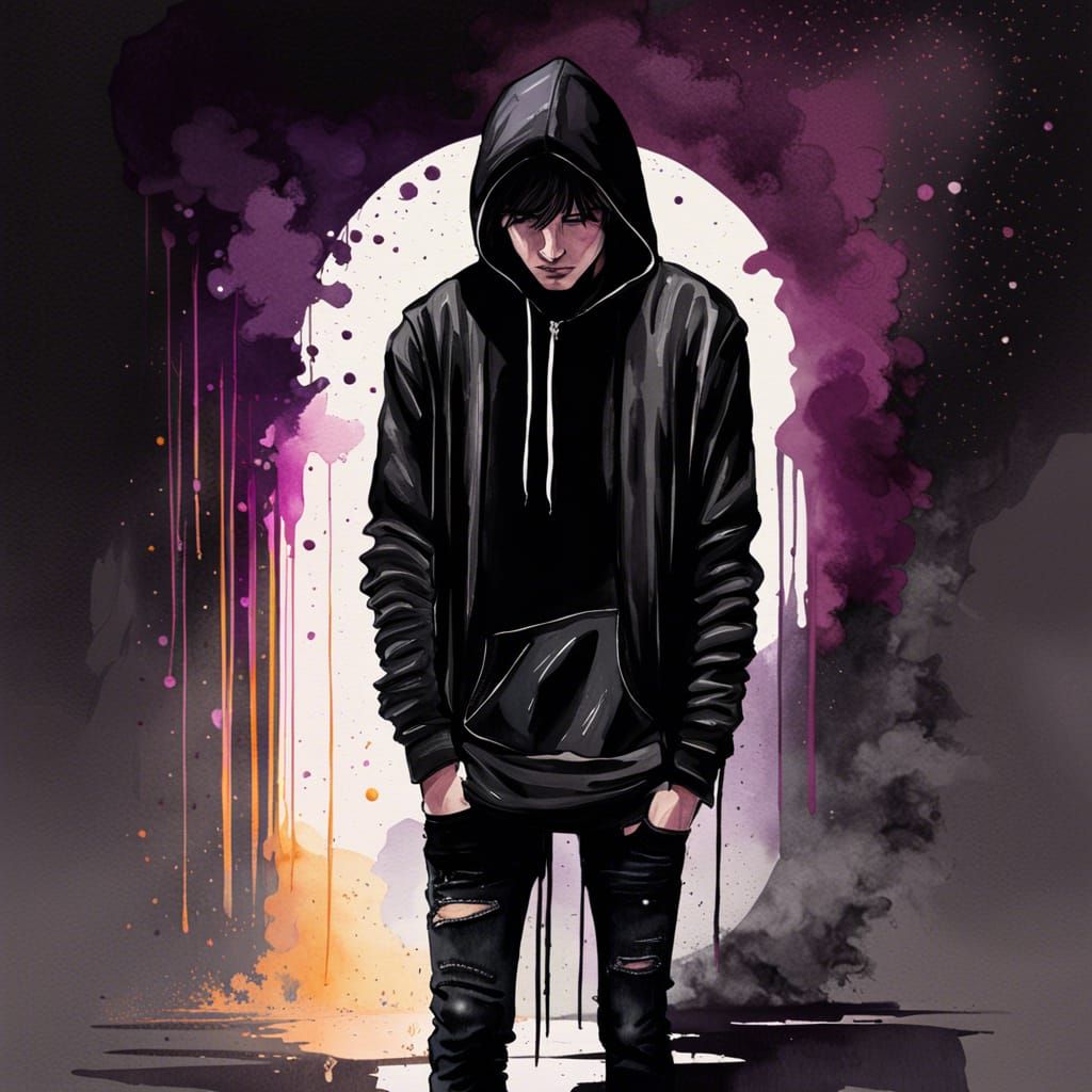 Depressed Man in Black: Watercolor Digital Art