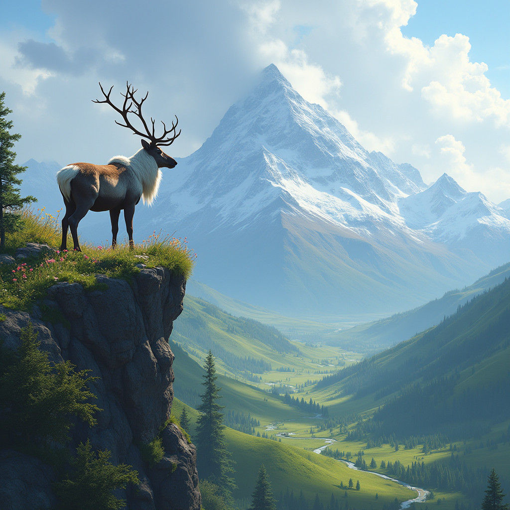 Reindeer Overlooking a Fantasy Landscape in 8K