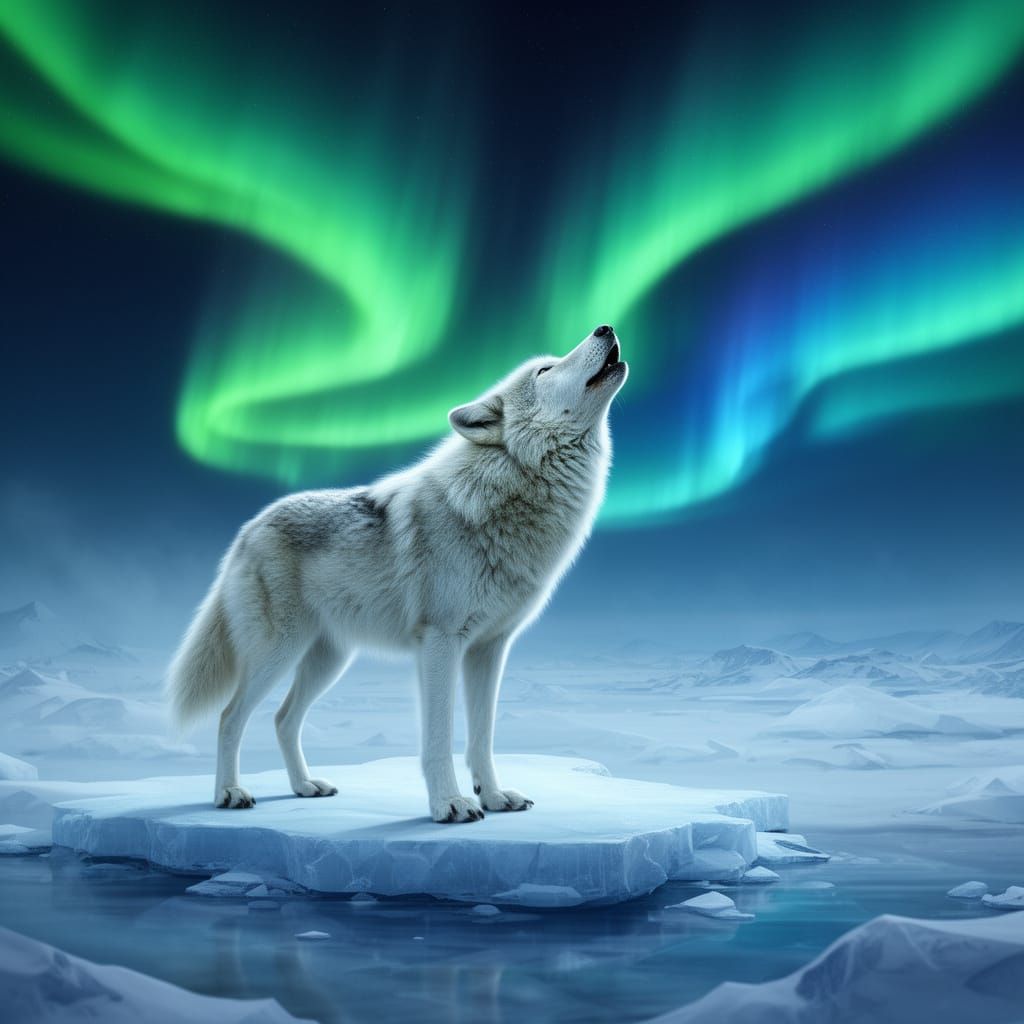 White Wolf Howls Under Northern Lights at North Pole