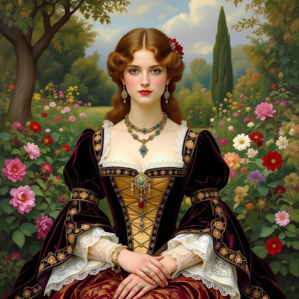 Renaissance Woman in Lush Garden, Pre-Raphaelite Style