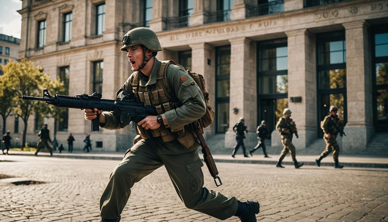 Soldier Launches Surprise Attack in Modern Militarism Photog...