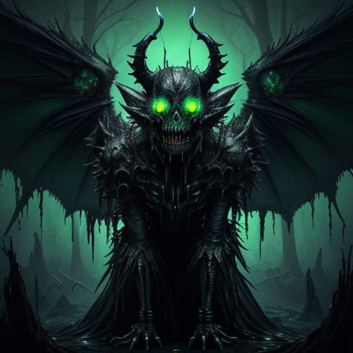Ominous Ghoul with Iridescent Insects in Surreal Dark Fantas...
