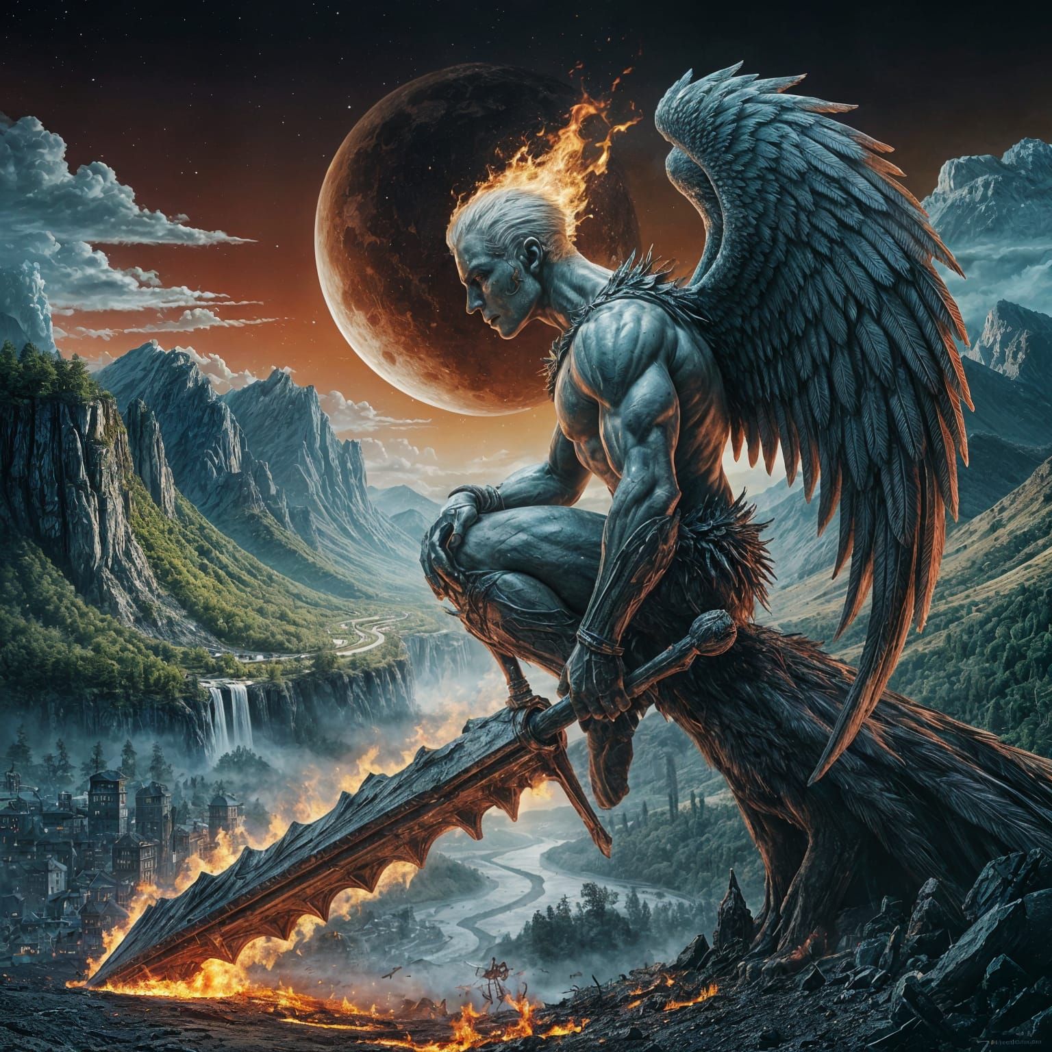 Colossal Angel of Death Perches on Crimson Moon