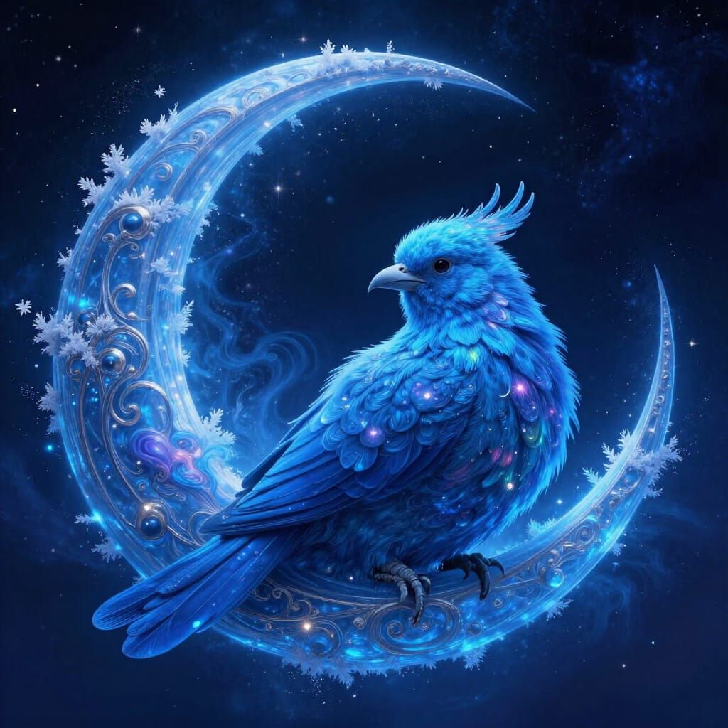 Ethereal Azure Bird Rests on Glowing Crescent Moon