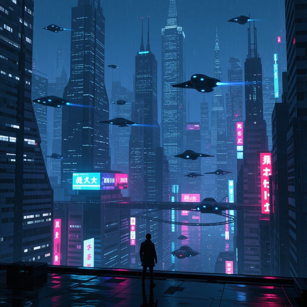 Cyberpunk Cityscape at Night with Neon Reflections