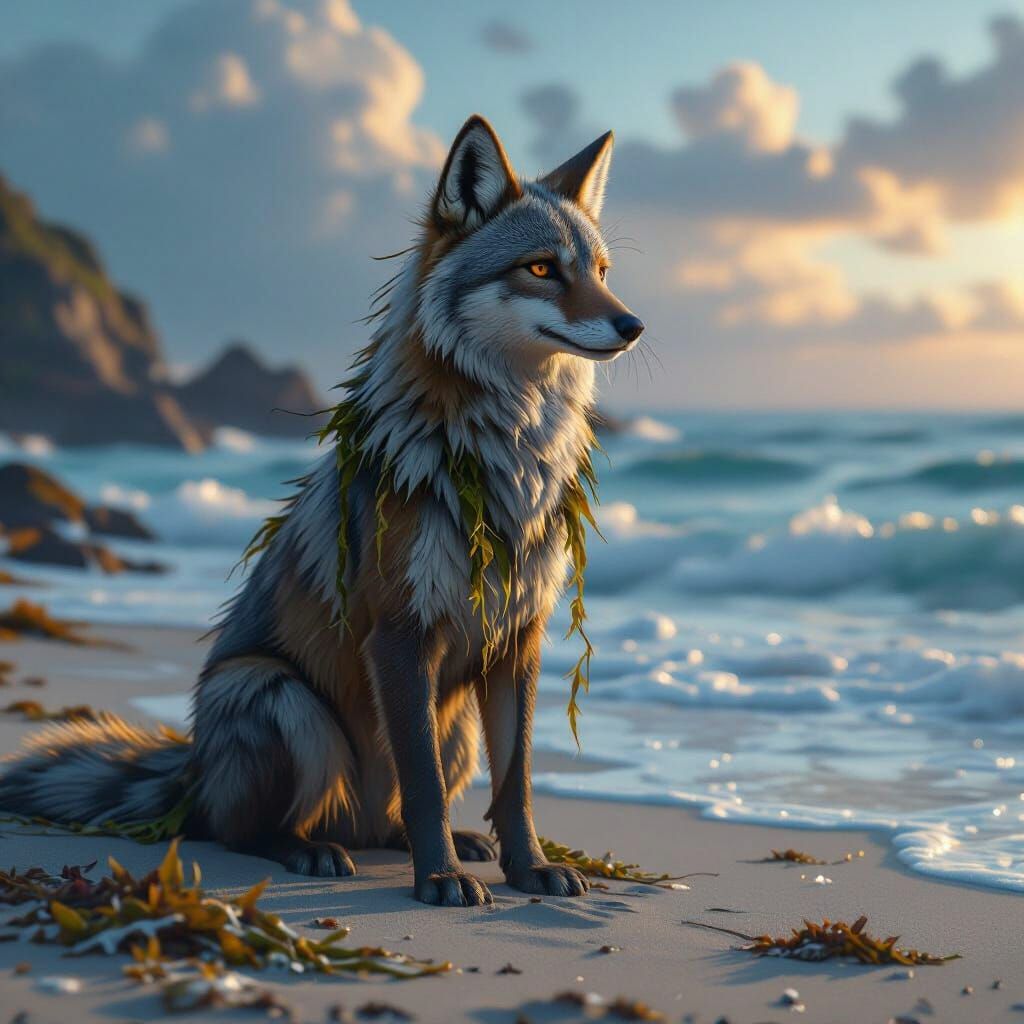 Coyote-Otter Hybrid on Coastline: Fantasy Matte Painting