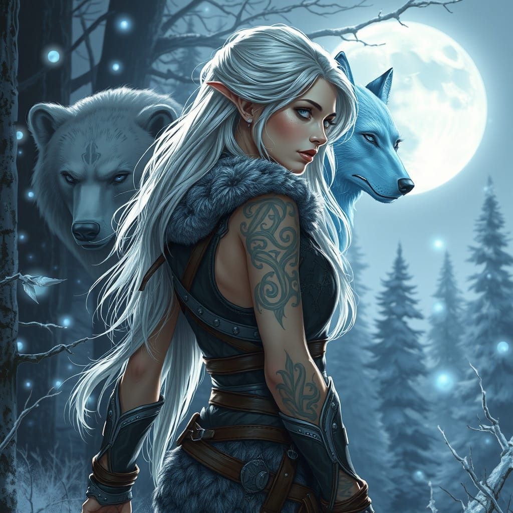 Moonlit Elf in Frost-Kissed Forest with Celtic Tattoos