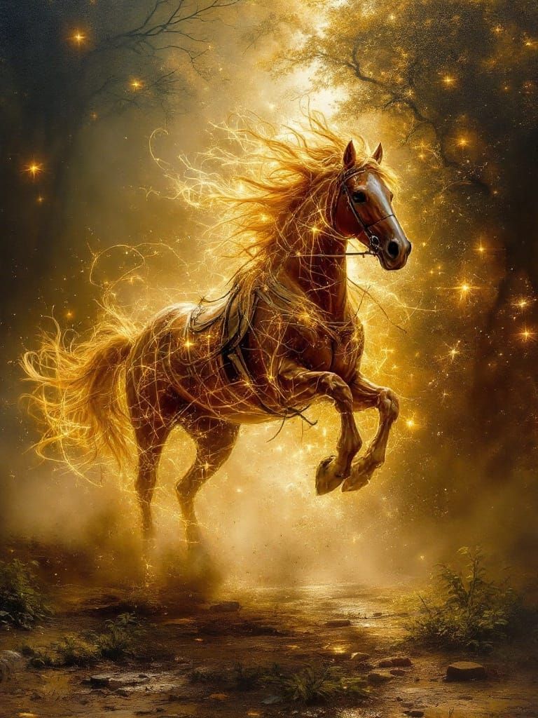 Ethereal Horse Gallops Through Dusk with Golden Light