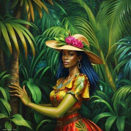 Exotic Caribbean Woman in Vibrant Fauvist Forest