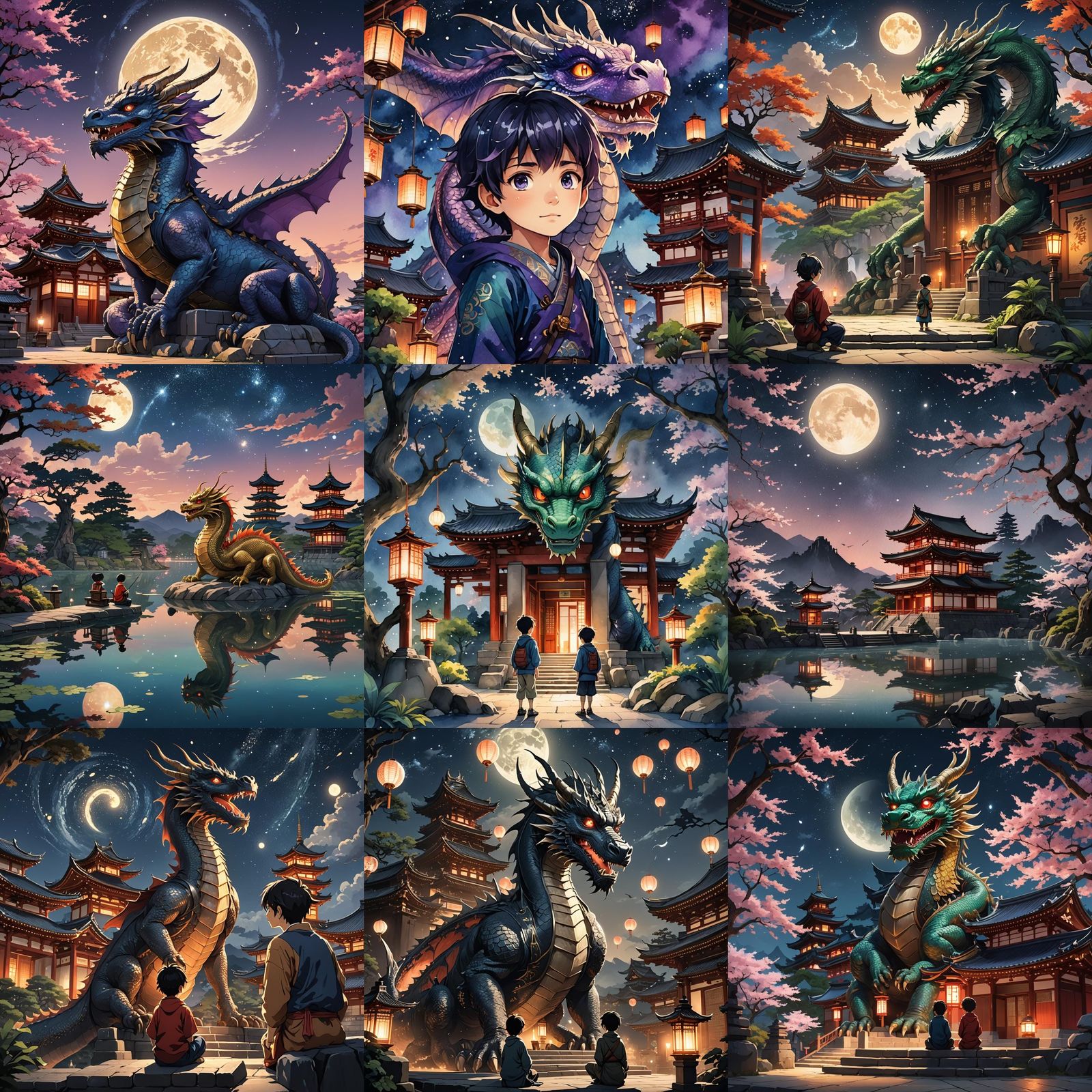 Dragon Leaving Japanese Temple Under Starry Sky