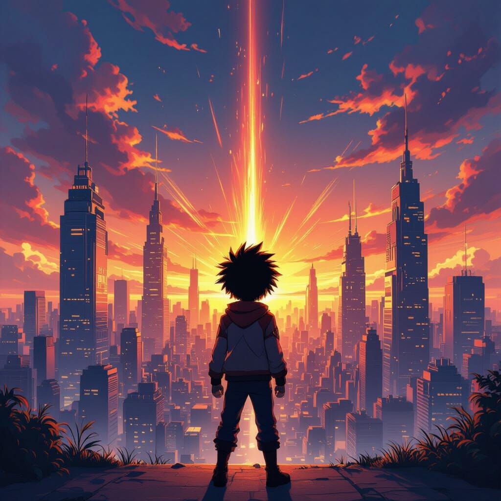Heroic Anime Sunset Over Futuristic Cityscape
