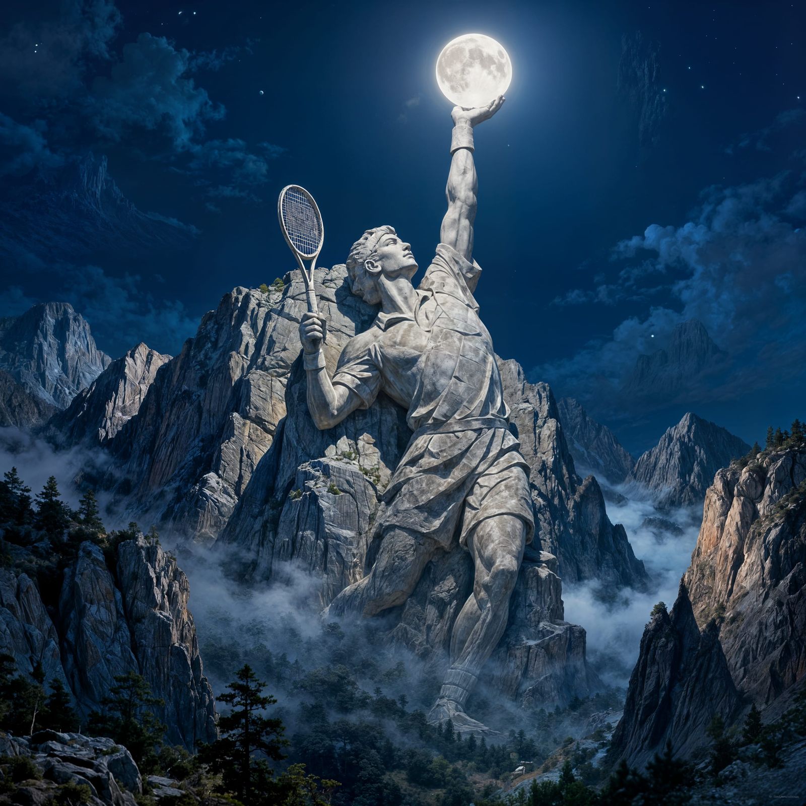 Colossal Mountain Tennis Statue Under Ethereal Moonlight