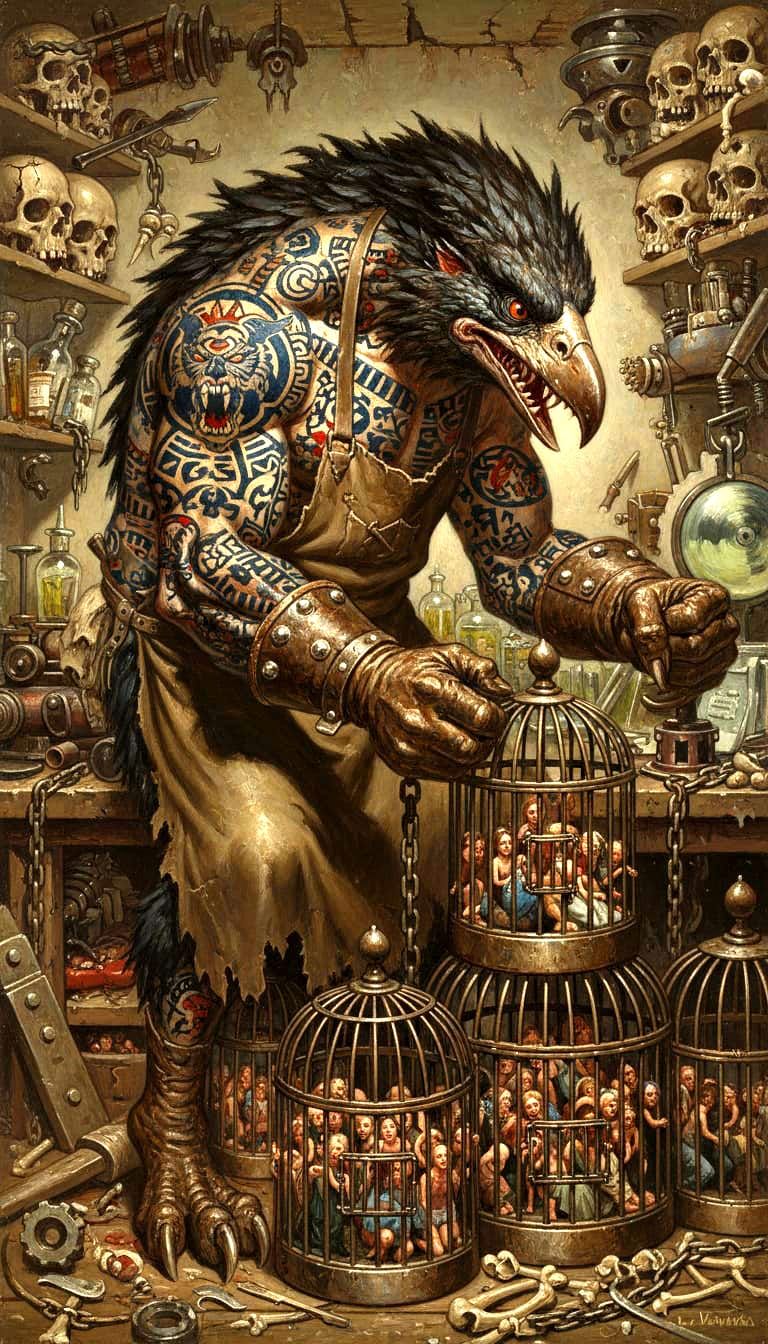 Macabre Bird Monster Workshop by J.C. Leyendecker Style