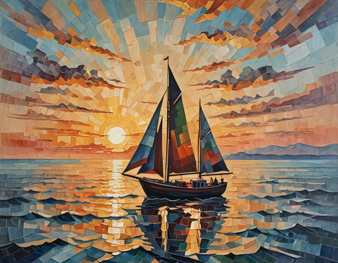 Cubist Boat at Sunrise Seascape