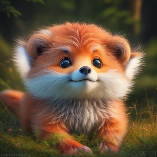 A Bear and Baby Fox Play in a Forest, in Vibrant Anime Style