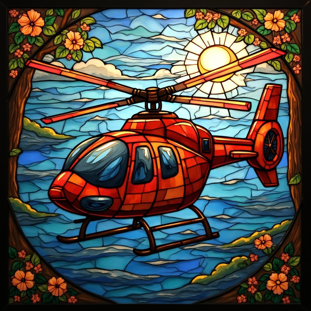 Vibrant Stained Glass Helicopter in a Colorful Background