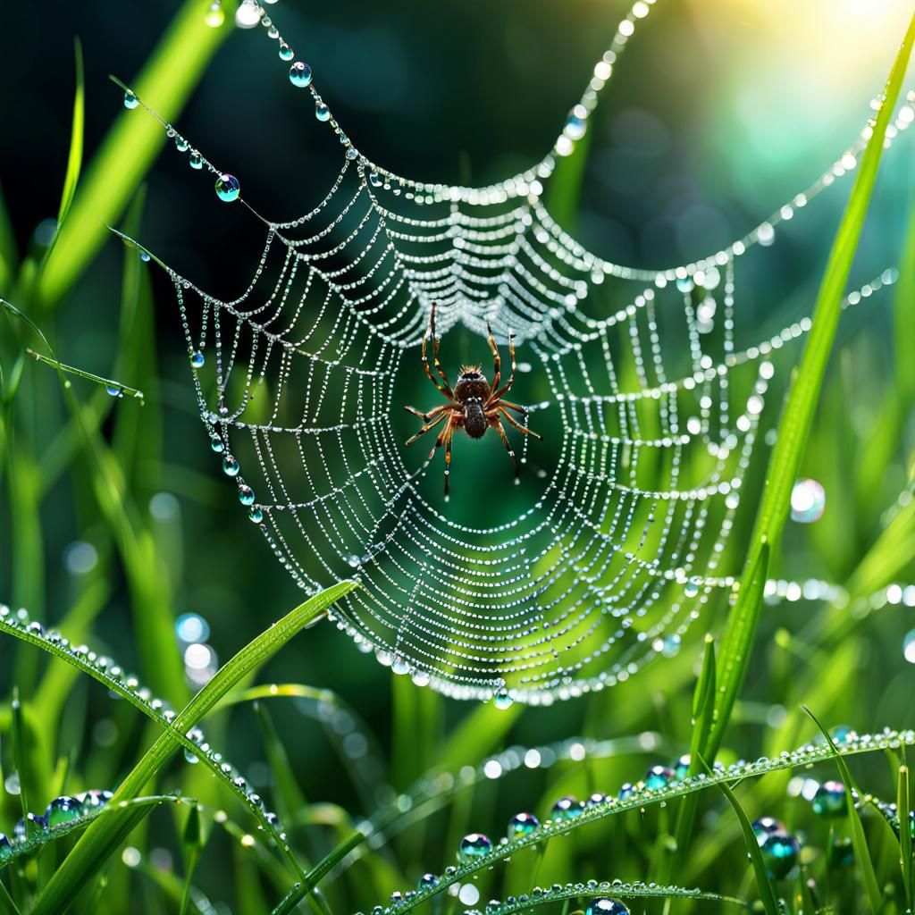 Glittering Spider Web with Dew Drops in Rococo Style