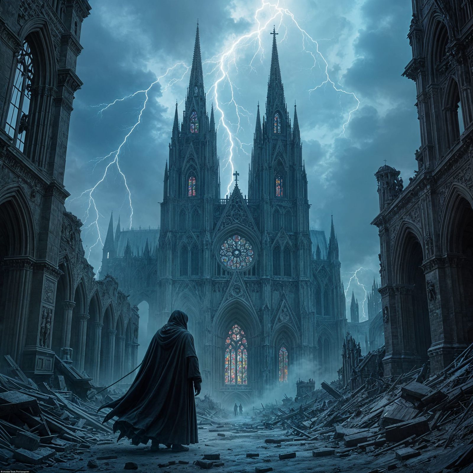 Spectral Figure in Gothic Cathedral Ruins