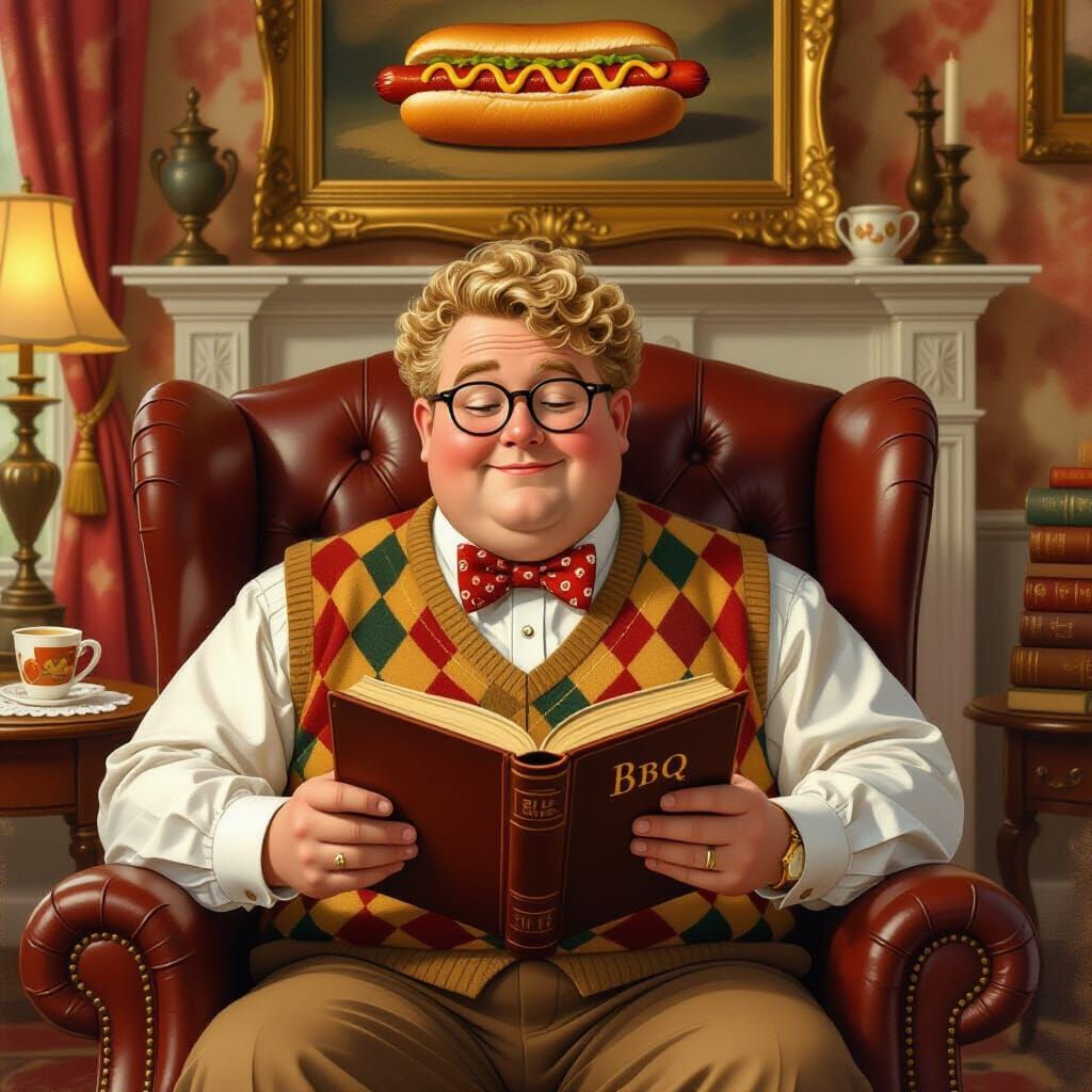 Cozy Gentleman Reading in Whimsical Gouache Style