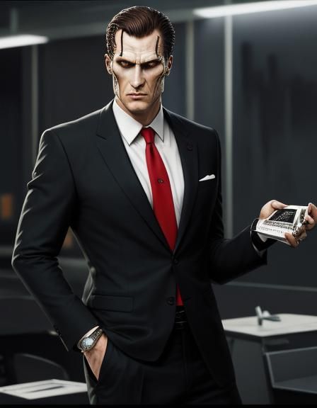 sweating over presented business card Rolex watch on wrist american psycho holding nailgun only it's velociraptor in a b...