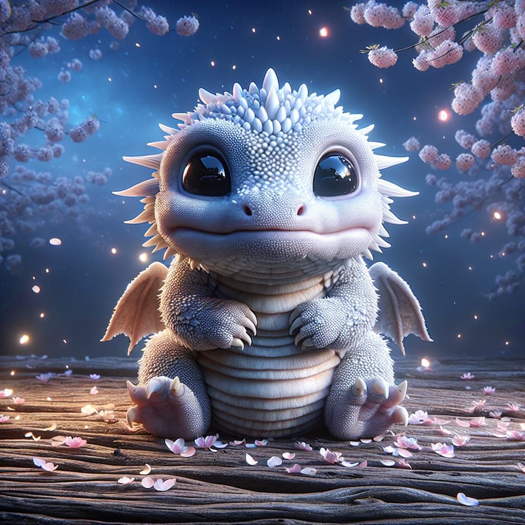Endearing Baby White Dragon with Sakura Petals