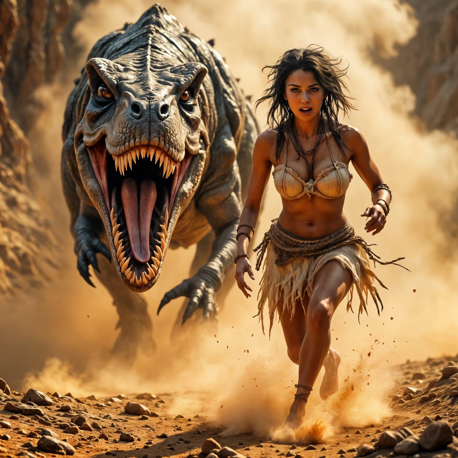 Surreal, Hyper-Realistic Sandstorm Scene of a Cavewoman Runn...