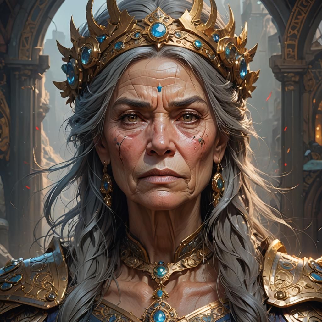 Ageless Warrior Queen Portrait in Hyperdetailed Style