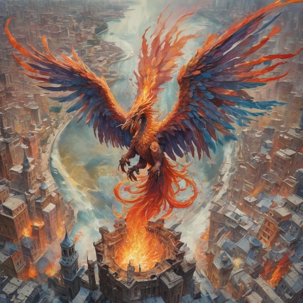 Phoenix Soars Above Burning City in Epic Impressionist Maste...