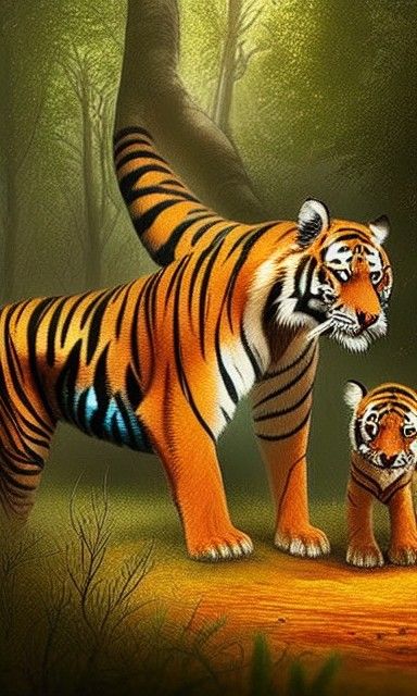 Tiger Family Playing in Autumn Forest, Matte Painting