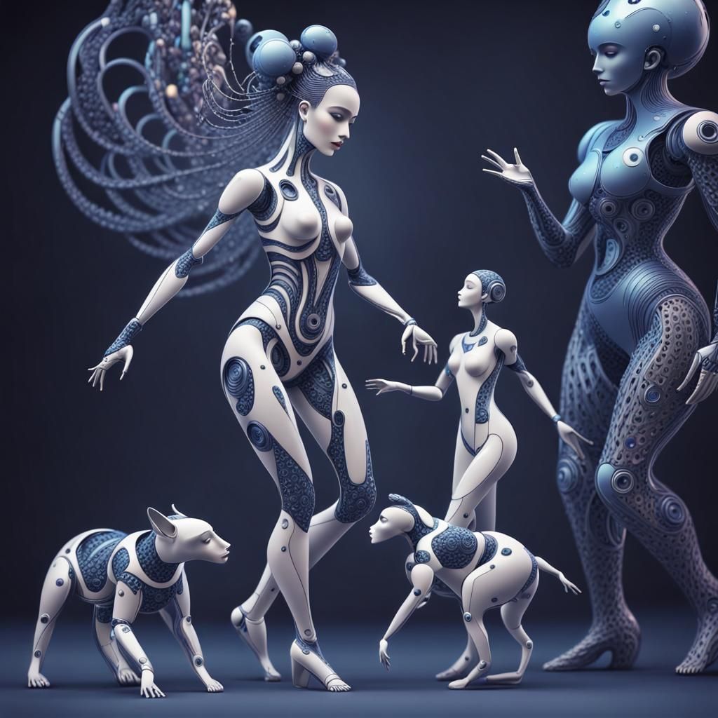 Futuristic AI Woman Dancing with Pet, Abstract Fractal Art