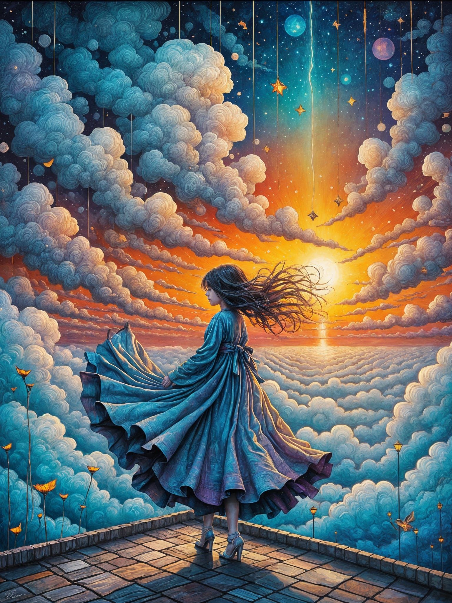 Girl on Rooftop with Sky Robe in Twilight