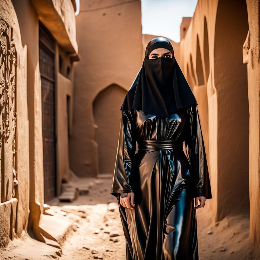 Woman in Latex Burqa on Arabian Street