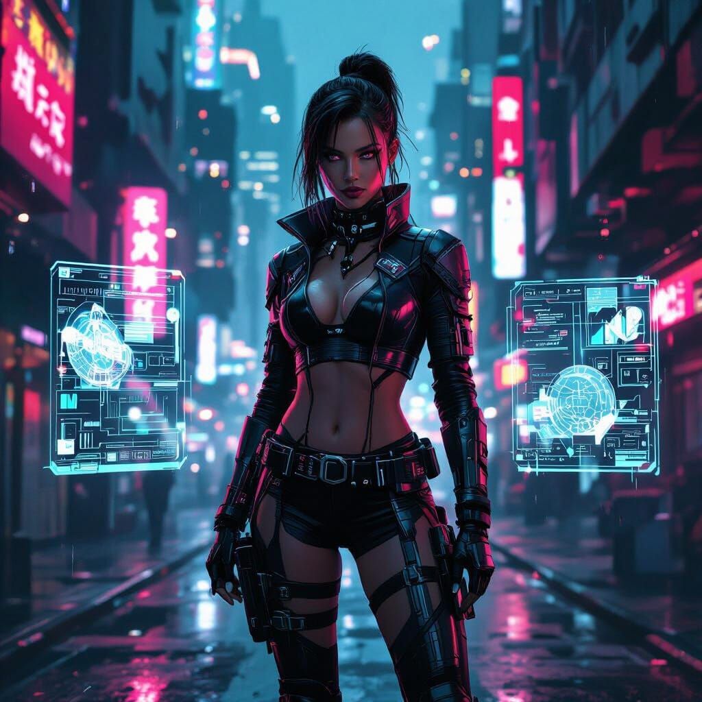 Cyberpunk Woman in Neon Cityscape