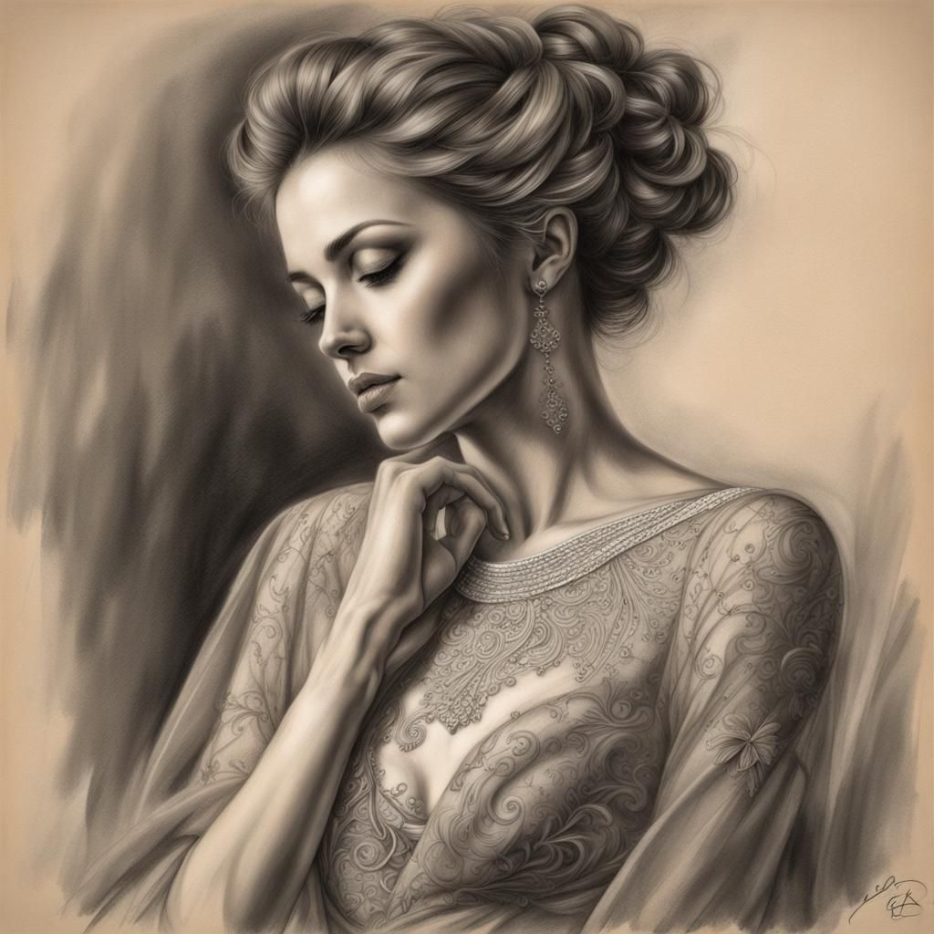 Charcoal Drawing of Woman in Flowing Gown