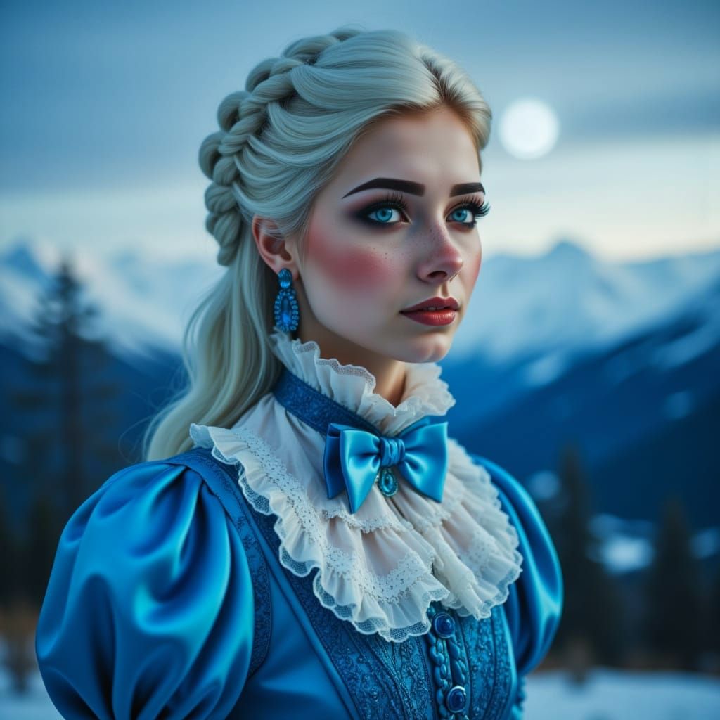 Victorian Lady Double Exposed with Swiss Alps Under Full Moo...