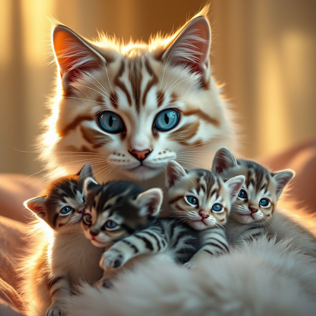 Mother Cat Cuddling Kittens in Dreamy Hyperrealism