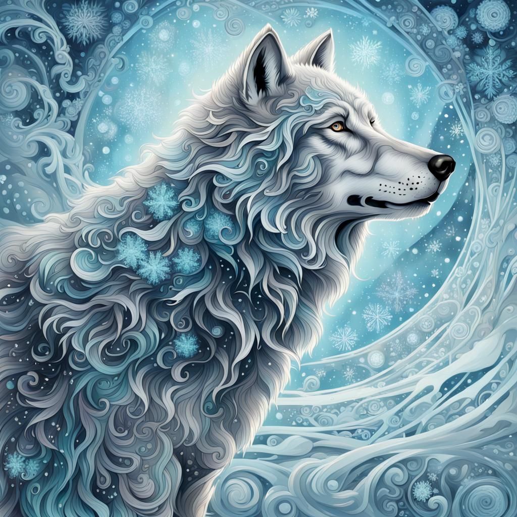 Wolf in Art Deco Style on Frozen Tundra
