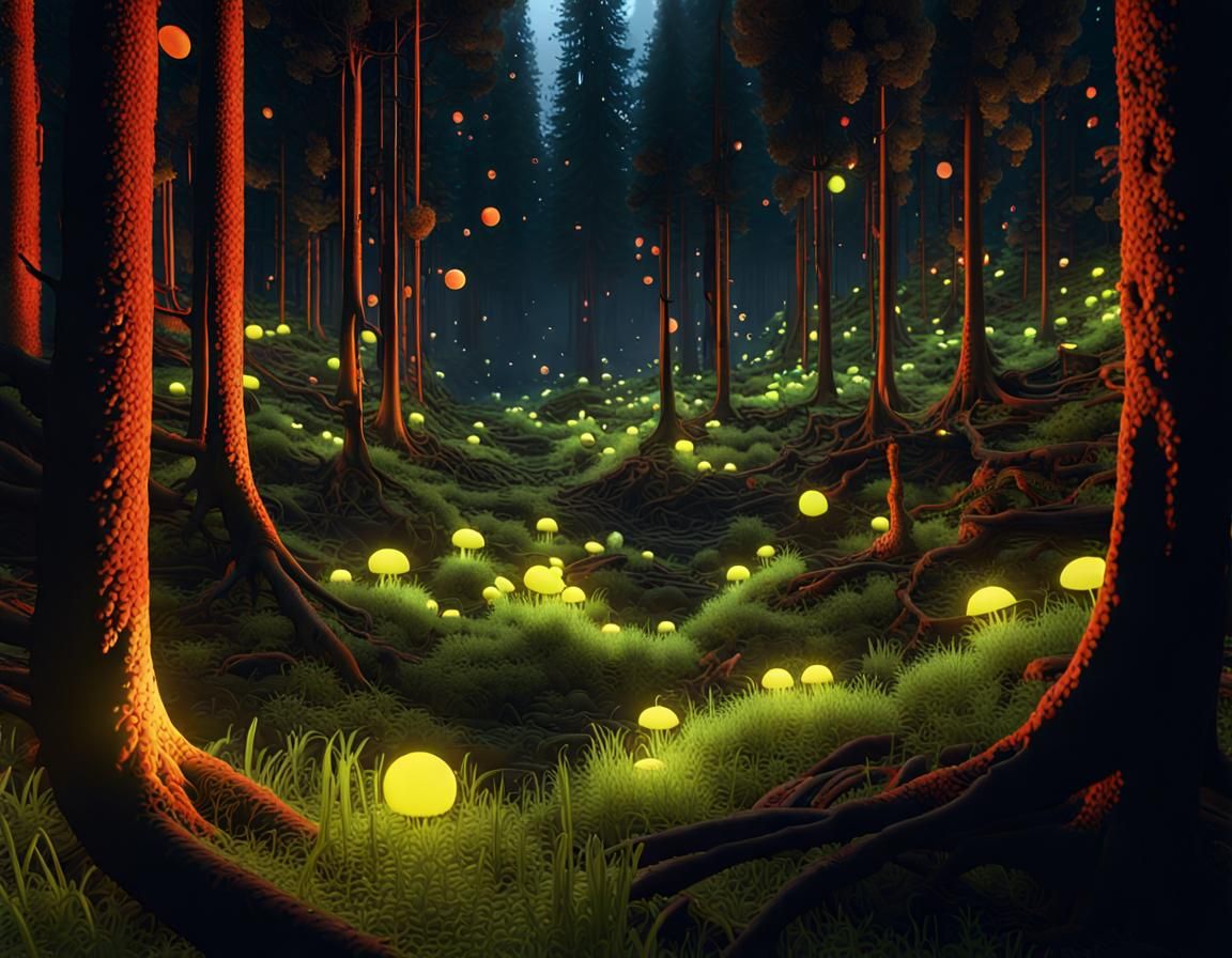 Firefly Beetles Glow in Dark Spruce Forest