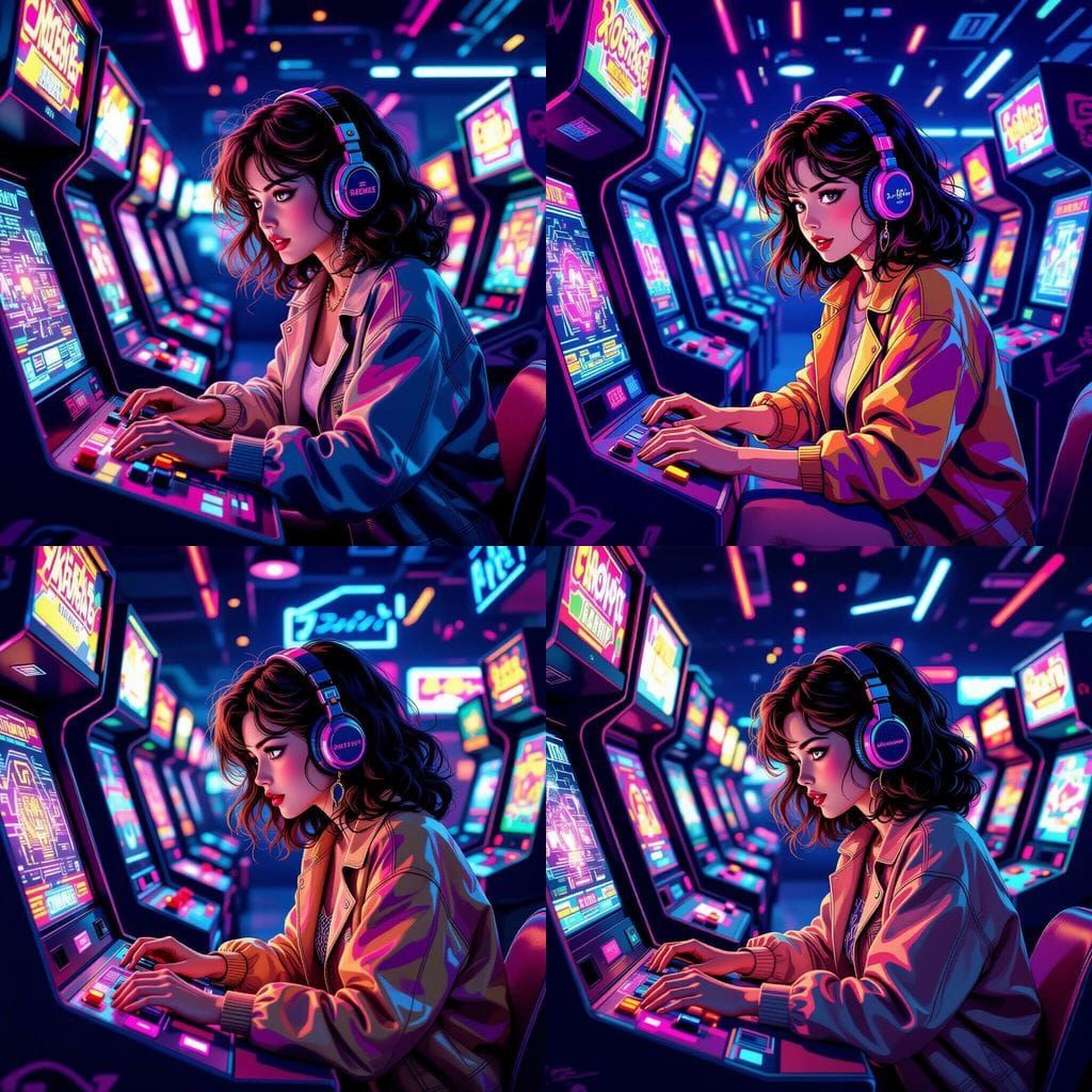 Woman Plays Arcade Game in Vibrant 80s Anime Style