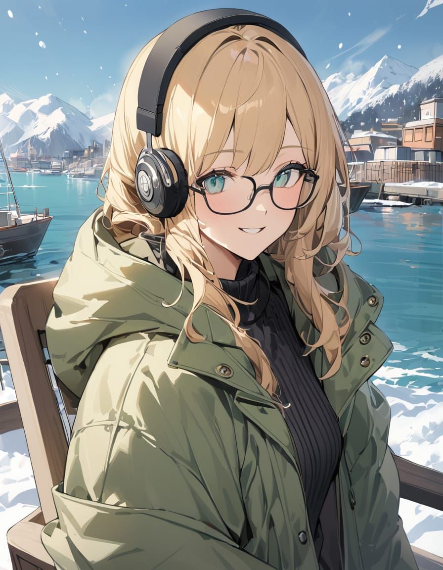 Surreal Winter Scene of a Girl Relaxing by the Harbour