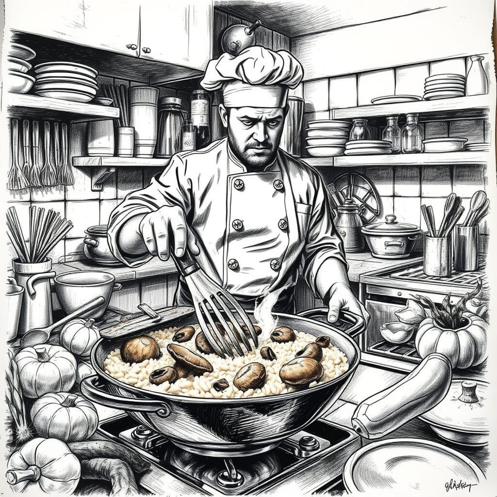 Chef Preparing Porcini Mushroom Risotto in Hyperdetailed Cha...
