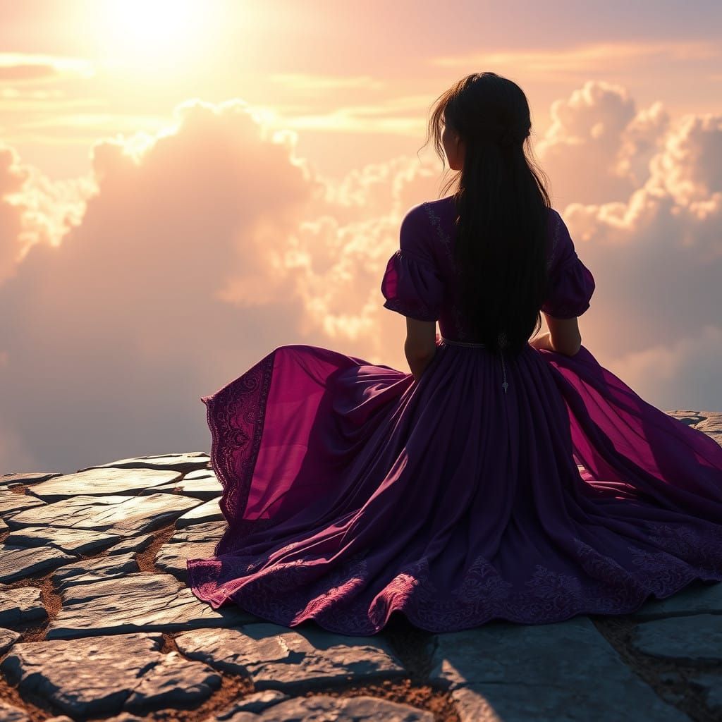 Woman in Enchanting Purple Dress Gazing Upwards in Dreamy Sk...