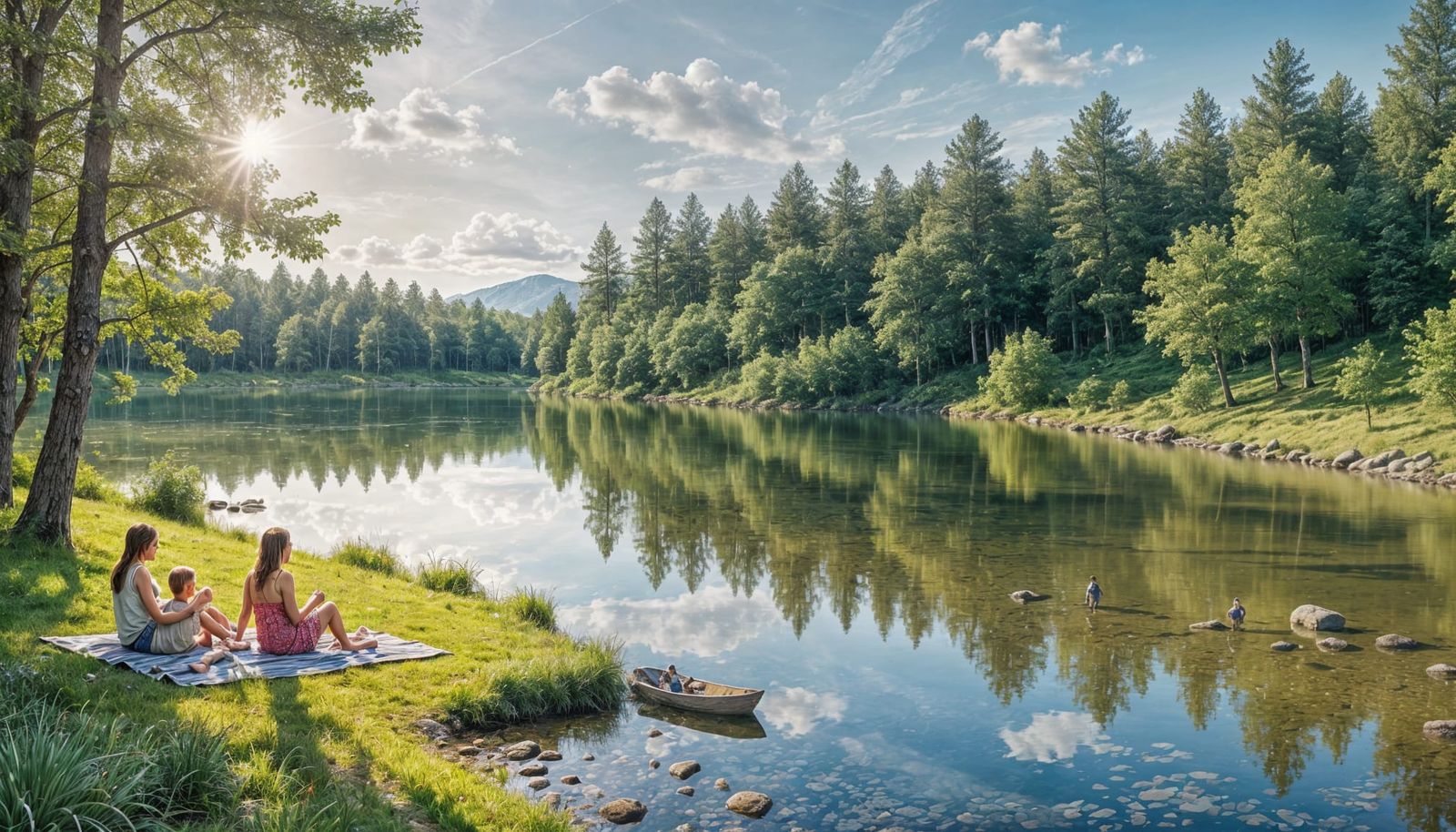 Family Soaks Up Warmth on a Serene Lake Shore in Vibrant Wat...