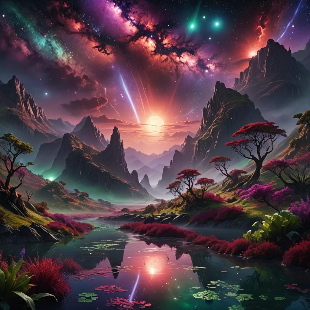 Exotic Valley in Center of Galaxy, Detailed Matte Painting