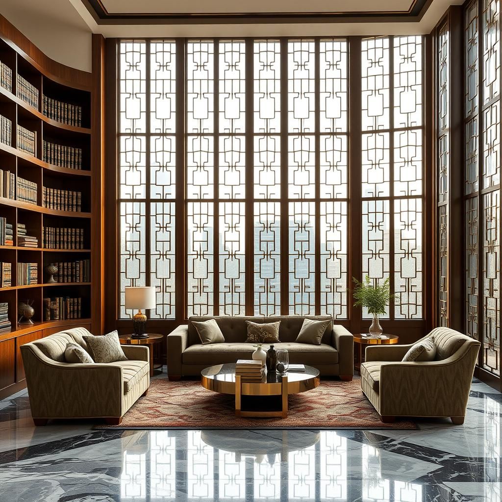 Art Deco Living Room with Library and Geometric Windows
